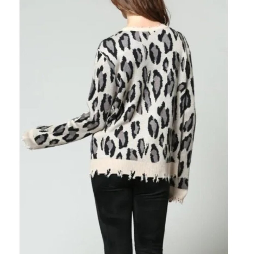 NWT FATE Women's Taupe Black Distressed Leopard Print Long Sleeve Sweater Size S - Picture 3 of 7